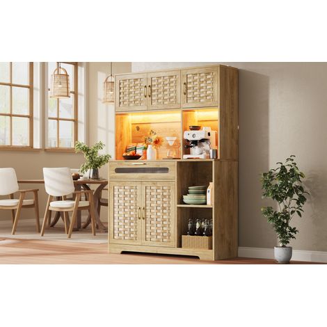 Meuble de rangement haut 120x40x180 cm pour séjour, buffet de cuisine et salle à manger avec tiroirs, portes en MDF tressé, éclairage LED intégré, vitrine sur pied pour cuisine, salon, salle à manger, (1/5)