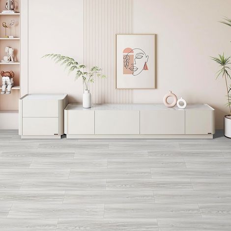 Lot de 18 revêtements de sol en PVC autocollant - Aspect bois  - Pour cuisine, salon, salle de bain - Bois blanc - 15 x 90 cm (1/5)