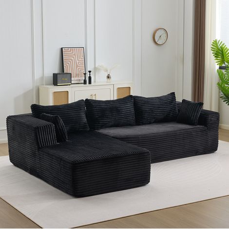Sofá modular en L negro de pana con chaise reversible y asiento profundo (1/5)