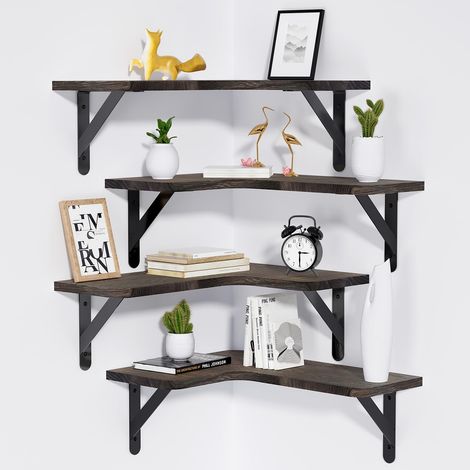 Lot de 4 étagères d'angle flottantes en bois en forme de L pour mur, étagères murales pour salon, bureau, cuisine, chambre, salle de bain et décoration d'intérieur Marron (1/5)