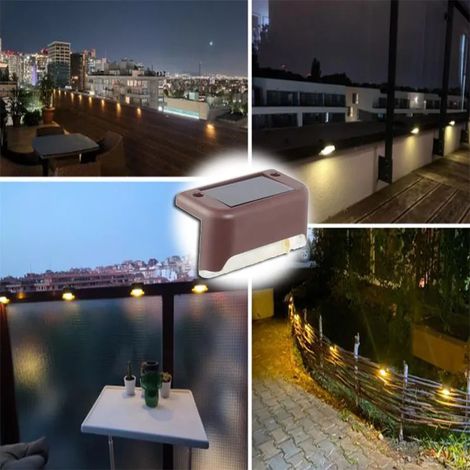 (Marron - Blanc chaud - Lot de 4) Lampes solaires LED blanc chaud pour marches, allées et escaliers extérieurs, étanches, pour balcon, terrasse ou clôture. Décoration lumineuse. (1/5)