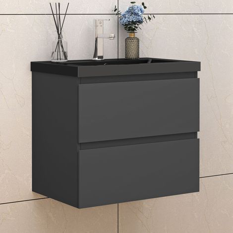 Badezimmer Badmöbel-Set 60cm Unterschrank mit Schwarz Mineralguss waschtisch 2 Schubladen Anthrazit Matt soft close Selbstmontierter