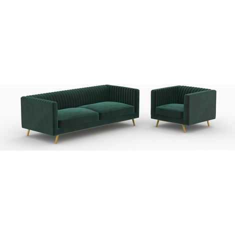 Conjunto de sofá y sillón Gatsby en terciopelo verde para 4 personas