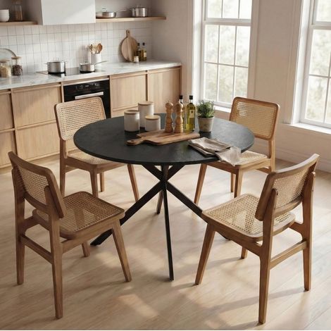 Mesa de comedor redonda industrial para 4 personas, Ø 100 cm, negra, con patas de acero HAVRYA (1/5)