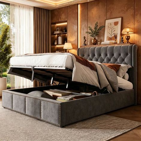 Lit coffre 160x200 cm,lit capitonné avec vérin hydraulique,lit double avec rangement,lit à gaz,décoration rivetée,Sommier à lattes,lit adulte,Velours,Gris