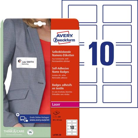 Avery-Zweckform L4785-20 Etiquette badges 80 x 50 mm acétate de cellulose blanc 200 pc(s) décollable imprimante laser c (1/3)