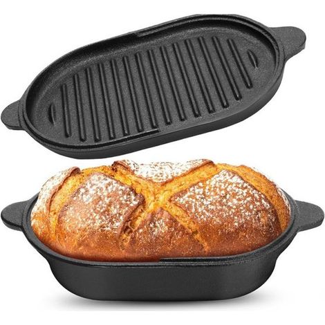 Sartén de hierro fundido con tapa para pan, 2 en 1, precurada y para guisos, Para hornear pan, cocer a fuego lento y estofar (1/5)