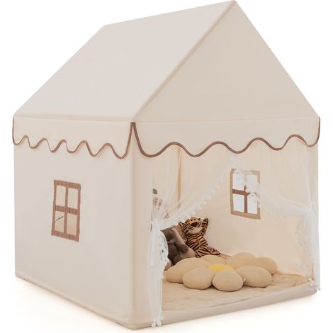 COSTWAY Kids Play Tent Indoor Playhouse with Padded Mat-Beige (1/5)