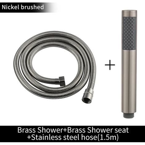 (Ensemble complet BN) Pommeau de douche à main en laiton brossé doré, douchette noire mate, pommeau de douche effet pluie blanc, finition chromée économique (1/4)
