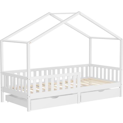 ML-Design Cama Infantil 90x200cm Forma de Casita Madera Blanca Maciza de Pino con 2 Cajones con Somier de Láminas, Techo y Protección Anticaída, Cuna Baja de Suelo para Niños Litera Montessori Junior