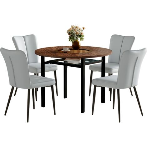 Set tavolo da pranzo rotondo 100 cm con 4 sedie in PU grigio chiaro, effetto legno e vetro temperato (1/5)