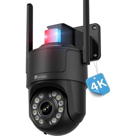 Ctronics Caméra de Surveillance 4K WiFi 2,4/5GHz- Vision Nocturne 30 m, Détection Humain/Véhicule/Animal, Suivi Auto, Alarme Rouge/Bleue & Sirène