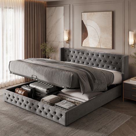 Cama tapizada, con forma de oreja, doble hilera de tachuelas, terciopelo, costuras abotonadas en la cabecera y el piecero, cama doble de 180 x 200 cm, cama hidráulica funcional. (1/5)