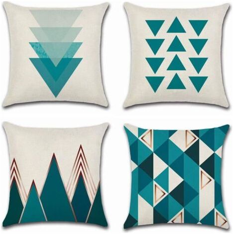 4 Pcs Housses de Coussin 45 x 45 cm, Carré Décoratif Taie d'oreiller Canapé Housse Coussin Bleu Triangle Imprimé Motif Géométrique Coton Lin Décoration Maison pour Chambre Salon Bureau (1/5)
