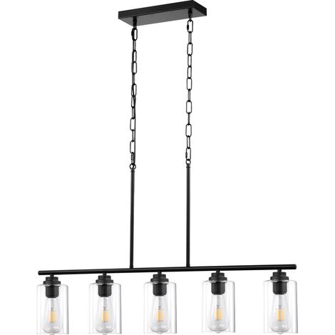 Suspension ilot cuisine 5 lumieres 60W ajustable verre transparent 4 tiges 2 chaines metal ferme E27 salle a manger (1/5)