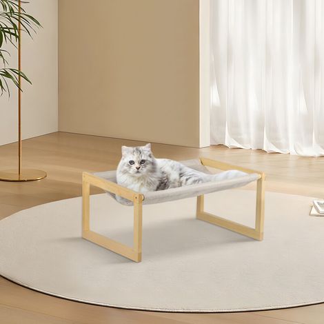 Lit Surélevé en Bois pour Chat, avec Housse de Matelas Amovible Lavable, Charge Maximale 10 kg, Blanc (1/5)