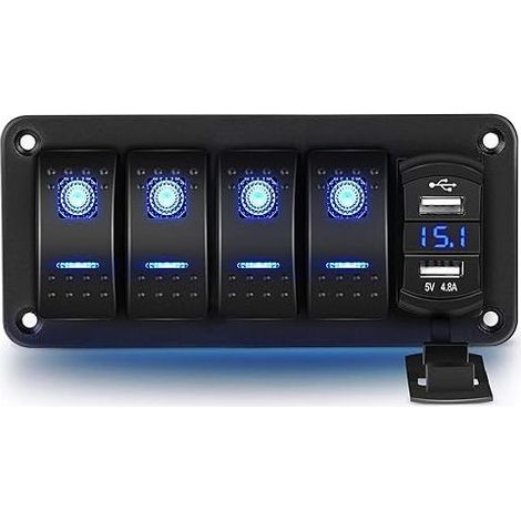 Panneau d'interrupteurs à bascule 4 gangs 12 V/24 V Interrupteur à bascule étanche avec double prise de chargeur USB pour voitures et bateaux (1/5)