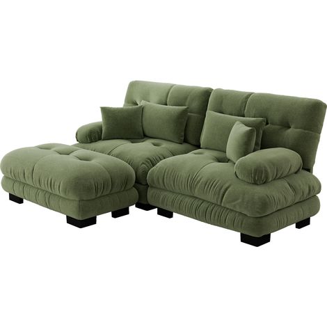 Canapé d'angle en chenille vert avec coussins lombaires et pouf assorti (1/5)