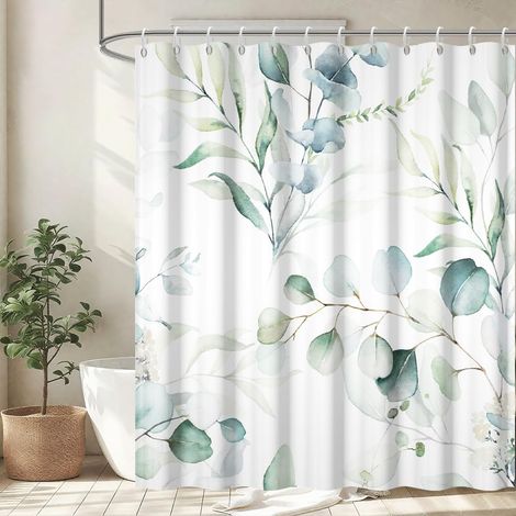 Rideau Douche 180x180cm, Rideau de Douche Anti Moisissure Vert Feuilles d'eucalyptus Fleuri Blanc Rideaux de Baignoire Tissu