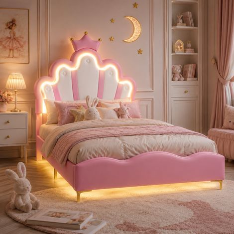 Lit Filles rembourré,lit princesse enfant 90x190 Lit simple,Cadre de lit d'Enfant et d'Ado avec LED, tête de lit Couronne et réglable en Hauteur,Rose+Blanc (1/5)