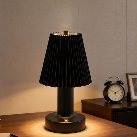 Petite lampe de table sans fil de champignons Contrôle tactile 3 couleurs Lampe rechargeable plissée de base métallique d'éblouissement sans pas pour table de nuit-T-shaped Black (1/5)