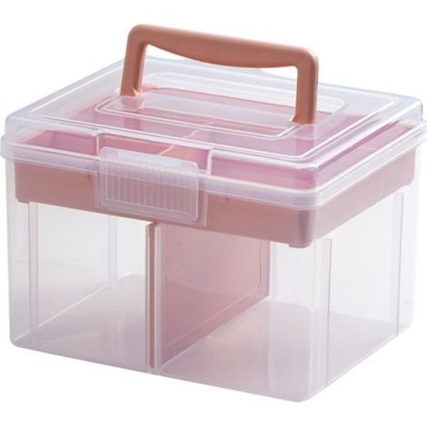 Multifunktionale Aufbewahrungsbox für Teeservice, tragbar und mit zwei transparenten Fächern. Klein, rosa. (1/5)