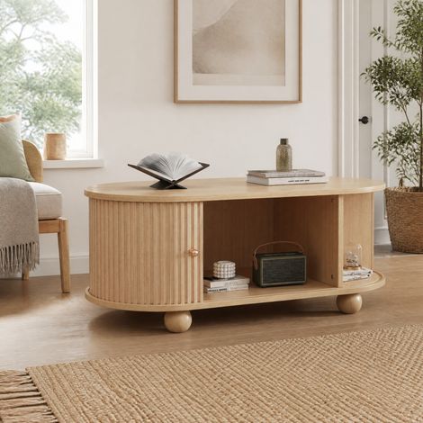 Table basse ovale 100x50x40 cm en MDF couleur bois, avec rangement pour salon FloraGrace (1/5)