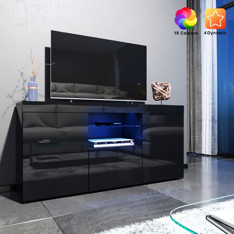 ELEGANT 1350mm Modern High Gloss TV Unit Stand with LED Ambient Light for Living Room and Bedroom with Storage Furniture for 32 40 43 50 52 inch 4k TV, Black