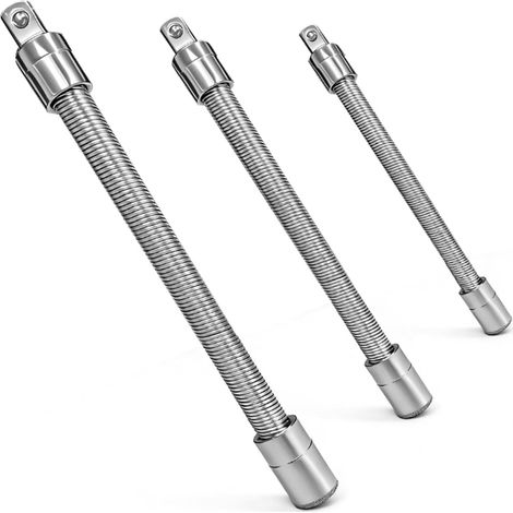 Jeu de rallonges flexibles pour clés à douille, 3 pièces, entraînements 1/2", 3/8", 1/4", rallonges métalliques avec tiges flexibles, jeu d'outils à main (argenté) (1/5)