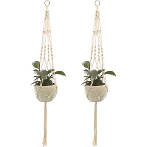 Lot de 2 suspensions pour plantes en macramé, pour intérieur et extérieur. Paniers suspendus en corde de coton, tricotés à la main. (1/4)