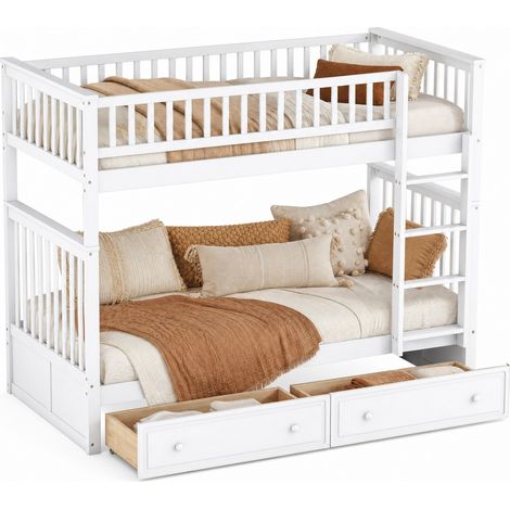 Letto a castello 90x200 cm per bambini convertibile in 2 letti singoli con 2 cassetti, in legno e MDF bianco, soluzione salvaspazio per cameretta  CHICFURN (1/5)