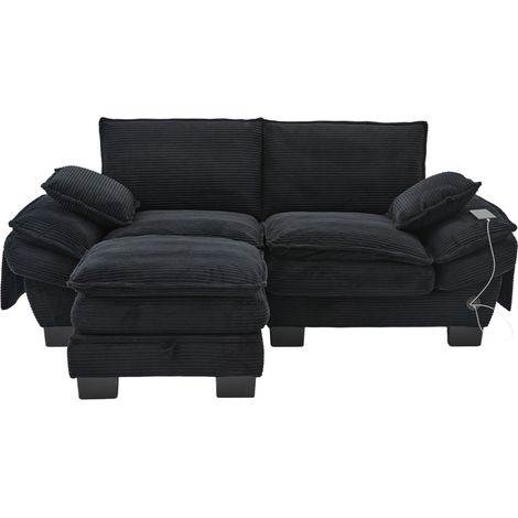 Divano modulare a 2 posti in tessuto effetto corduroy nero con pouf, porta USB-C e tasche laterali (1/5)
