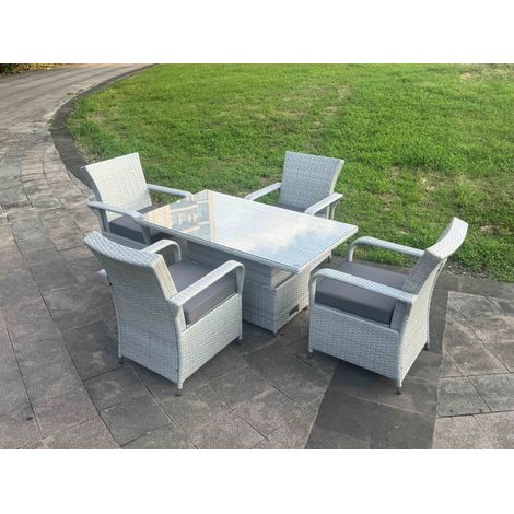 Fimous Light Grey Rattan Outdoor Garden furniture Set Height Adjustable Rising Lifting Table and 4 Chairs Set with Seat Cushion (1/5)