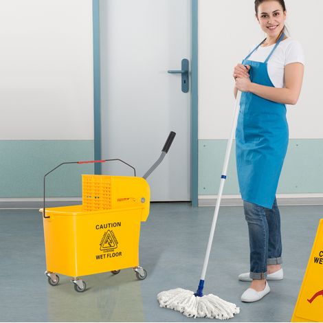 Carro de limpieza con cubo de 20 litros (60x27x70.5 cm), escurridor, dos compartimentos, plástico amarillo (1/5)