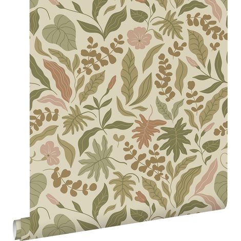 papier peint feuilles et fleurs vert olive grisé, terracotta et rose - ESTAhome (1/5)