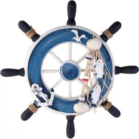 23cm Barre à roue de Bateau à Plage en Bois Filet de Pêche Décoration de Maison Murale(Bleu) (1/4)