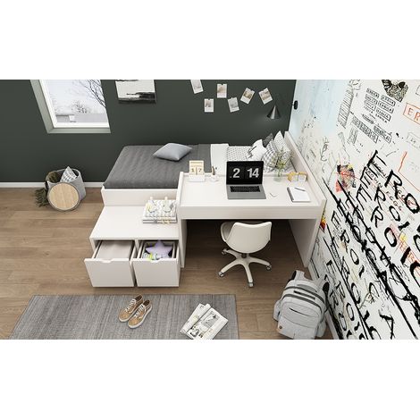 Lit enfant en bois massif avec bureau et tiroirs, 90 x 200 cm, blanc, lit avec rangement et sommier à lattes, pour garçons et filles (sans matelas) (1/5)