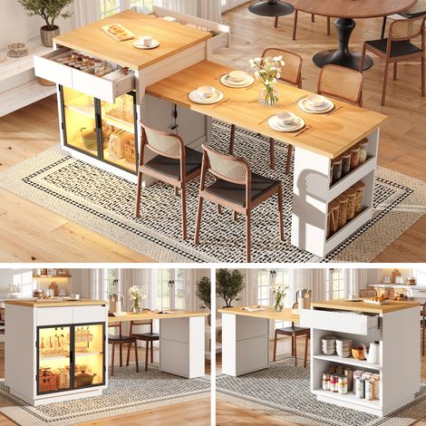 Îlot Central Extensible 122-194.5 cm Table Cuisine avec Éclairage LED RGB 2 Tiroirs Portes Vitrées Blanc et Bois pour Séjour (1/5)