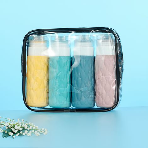 Set de 4 flacons de voyage en silicone, 100ml, pour cosmétiques, shampoing, crème, après-shampooing, lotion, compressibles et anti-fuite. (1/5)
