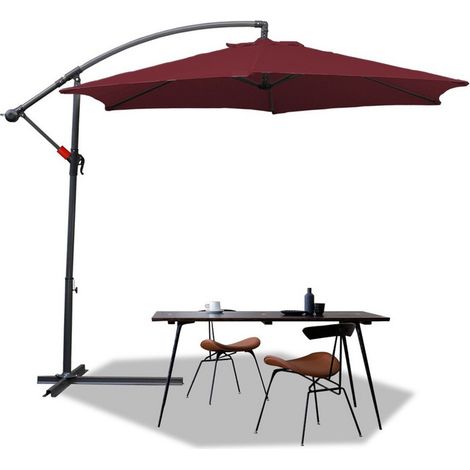 Parasol 300 cm rouge - avec manivelle & support - protection UV hydrofuge pliable - Parasol de plage marché (1/5)