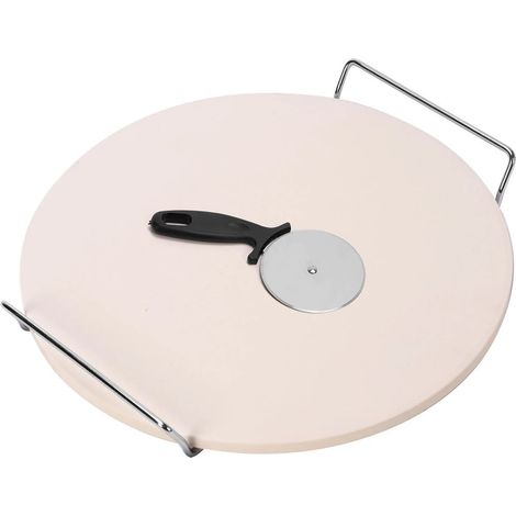TrAdE Shop Traesio - Set Pietra Refrattaria Supporto Con Manici Per Pizza Con Tagliapizza In Acciaio Inox - (1/4)