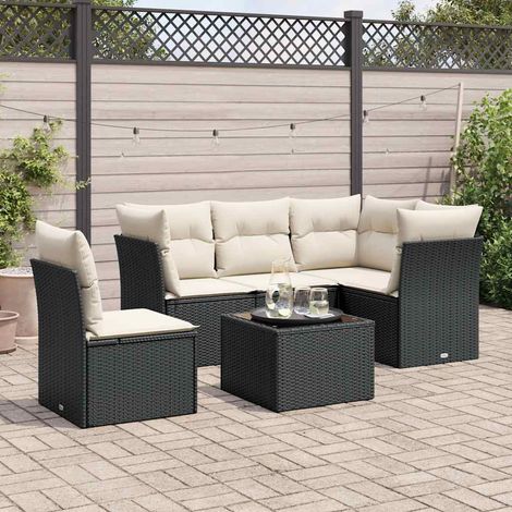 Ensemble Jardin 6 Places Noir Résine Tressée avec Table Verre Trempé et Coussins Crème - Salon Extérieur Modulaire (1/4)