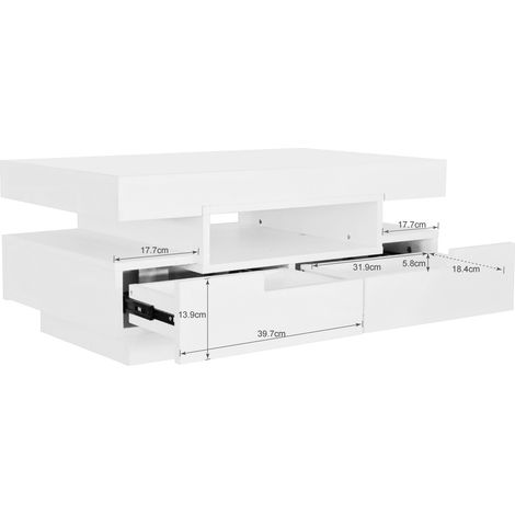 Tavolino da caffè bianco lucido con striscia LED, 3 vani aperti e 4 cassetti, 80 x 50 x 36 cm (1/5)