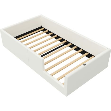 Lit plateforme capitonné 90 x 200 cm blanc avec barrière de sécurité et station de charge (1/5)