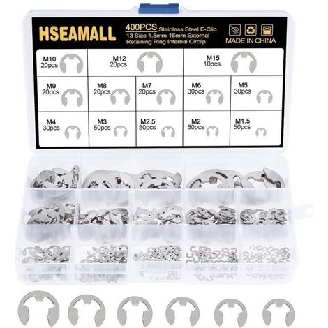 400PCS 13Size En Acier Inoxydable E-Clip Anneau De Retenue Externe Snap Kit De Assortiment Anneau Anneau De Circlips Interne 1.5 / 2 / 2.5 / 3/4/5/6/7/8/9/10/12 / 15mm Avec Boîte En P (1/4)