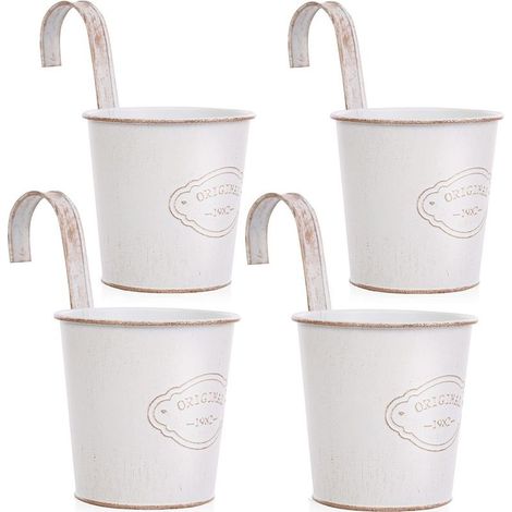 4 Pcs Pots de Fleurs à Suspendre en Métal avec Trou de Drainage, Petits Pots de Fleurs Blancs avec Crochet Amovible, Style Vintage pour Balcon,Jardin, Extérieur et Intérieur (1/5)