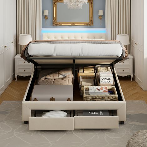 Lit coffre 160x200 cm, avec 2 tiroirs, sommier à lattes, Tête lit capitonnée velours, Bande lumineuse LED réglable, lit double hydraulique - beige (1/5)
