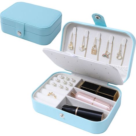 Boîte à bijoux - Boîte à bijoux de voyage portable, petit organisateur de bijoux à deux niveaux, boîte de rangement en cuir PU pour bagues, colliers, boucles d'oreilles(bleu clair) (1/5)