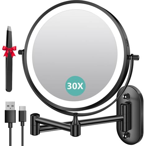 Miroir Grossissant Mural 1X/30X, Batterie 3200mAh, 3 Modes Couleur, Bouton Tactile 2 Faces, Miroir Grossissant Lumineux 360° Pivotant Extensible, pour Salle de Bain, Chambre, Hôtel, Vestiaire (1/5)