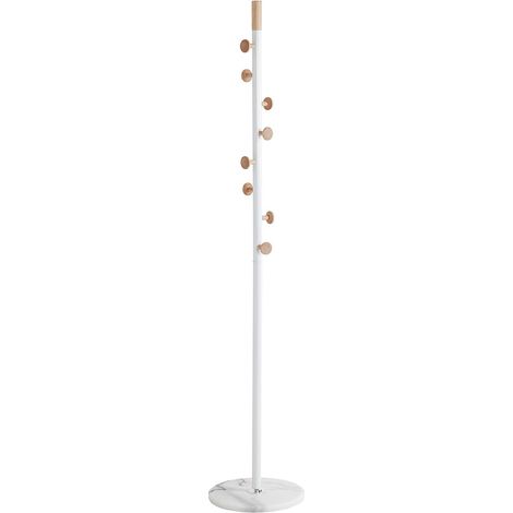 Porte-manteau en acier coloris blanc et bois coloris naturel, pieds en marbre coloris blanc - diamètre 35 x hauteur 178 cm (1/5)